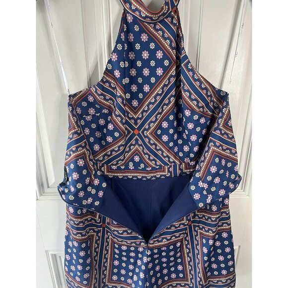 Lulus Blanca Womens Romper Size Large Blue Halter Shorts Flower Print Colorful - Picture 8 of 11